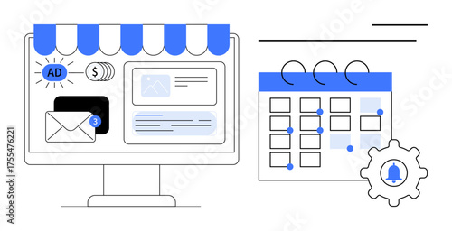 Online storefront and email notifications displayed on a computer monitor, alongside a calendar with marked events and a gear icon. Ideal for e-commerce, scheduling, marketing, campaigns, business
