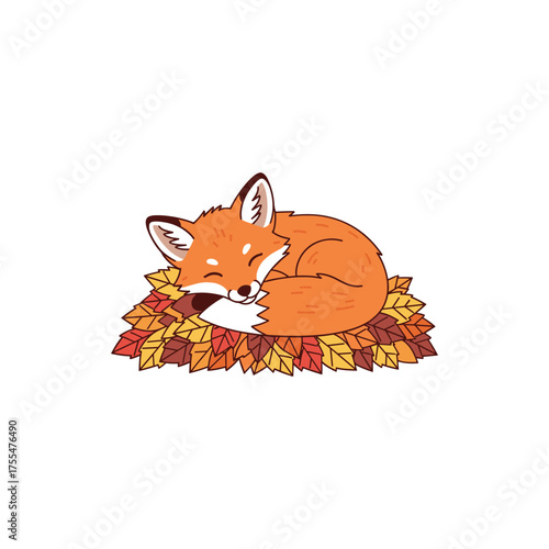 Adorable sleeping fox curled up on a pile of autumn fall leaves vector
