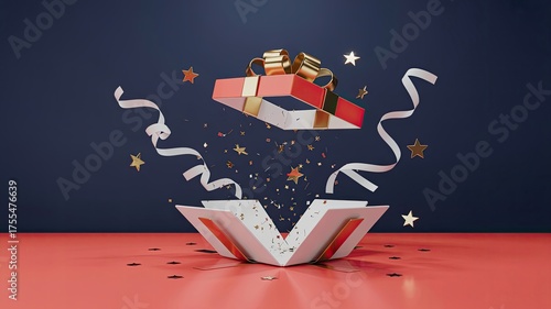 A red gift box with a gold ribbon explodes with confetti, stars, and white streamers against a dark blue and red background, evoking a sense of dynamic celebration and surprise.