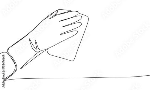Continuous line drawing of a gloved hand cleaning a surface