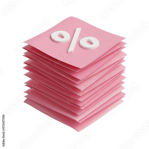Stack of pink square papers with a white percentage symbol on top against transparent background view