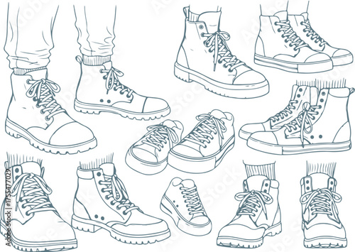 Vector art of collection of eleven different shoe and boot illustrations