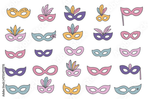 A set of colorful masquerade masks. A collection of doodle-style carnival masks.