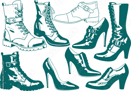 Vector art of collection of various boot and shoe styles, including high heels and combat boots