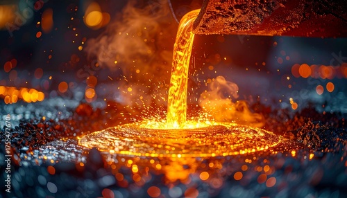 Molten metal, smelting, pouring, casting, foundry, sparks, industrial