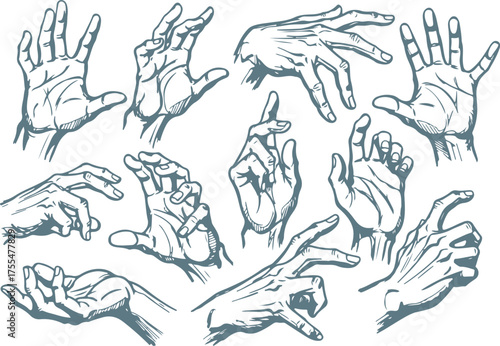 Vector art of set of hand gesture drawings showing different poses and movements