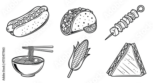 A collection of popular fast food items and snacks, hand-drawn in a simple, clean style.