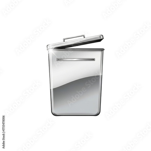 A shiny silver trash can with an open lid isolated against transparent background in a digital rendering