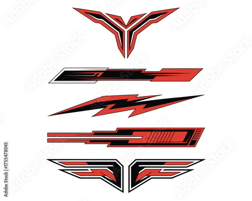 Symmetrical automotive style decal set with abstract racing stripes