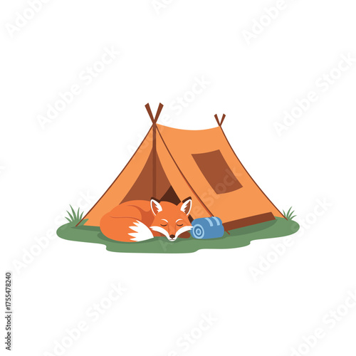Cozy fox sleeping peacefully beside an orange camping tent on grassy ground vector