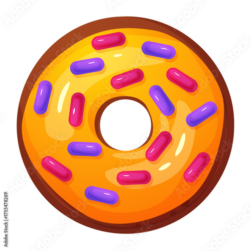 Bright cartoon donut with yellow glaze and colorful sprinkles. Cute vector illustration perfect for bakery designs, menus, kids projects, and sweet-themed decorations.