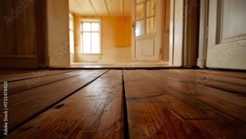 Low angle shot of wooden floor in an old house with doors and a window in the background