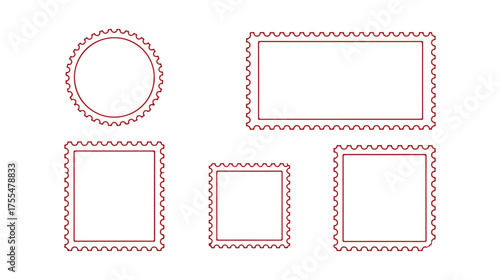 Postage stamp frames. An empty border template for postcards and letters. Blank vintage postage stamps in rectangle, circle, and square shapes with perforated edges. Vector illustration 