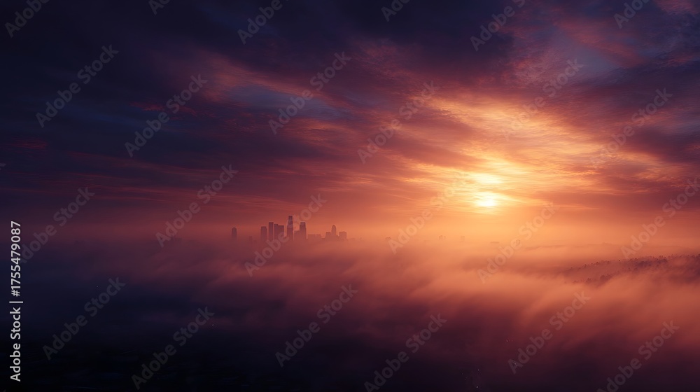 Obraz premium Dramatic sunrise illuminates a foggy city skyline with vibrant hues of orange and purple creating an atmospheric urban landscape