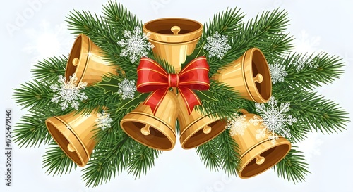 Golden christmas bells tied with red ribbon surrounded by evergreen branches and snowflakes