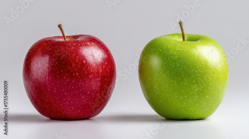 Two fresh apples in vibrant colors placed on a simple gray background