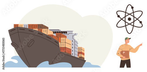 Cargo ship transporting containers on ocean waves, atom representing science, worker delivering package. Ideal for global trade, logistics, technology, shipping, commerce, delivery science themes