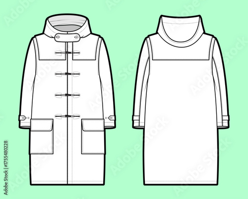 Classic Long Duffle Coat Flat Sketch with Toggles and Hood - Front and Back