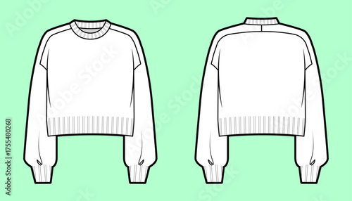 Cropped Balloon-Sleeve Sweater Flat Sketch – Front & Back View with Ribbed Finishes & Yoke Detail