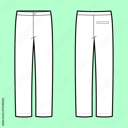Men's Straight Leg Trousers Flat Sketch with Welt Pocket - Front and Back