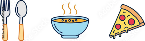 Delicious hot soup and a slice of pepperoni pizza with cutlery ready for a meal