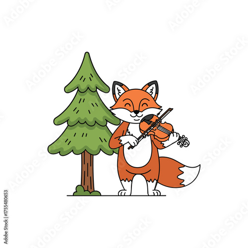 Cute cartoon fox playing violin next to a pine tree in nature forest scene vector