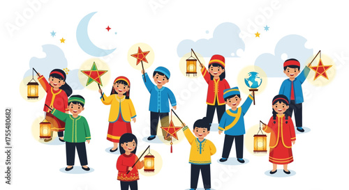 Wallpaper Mural Joyful Children Gather to Celebrate Cultural Festival with Lanterns and Star Decorations Torontodigital.ca