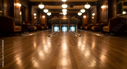Vintage bowling alley with polished wooden floor and warm ambient lighting for commercial usage and mockups