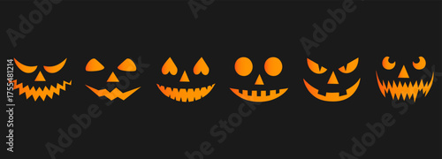 Wallpaper Mural Set of spooky pumpkin smiles in orange on black background. Horror and scary faces. Design for holiday Halloween. Vector illustration Torontodigital.ca