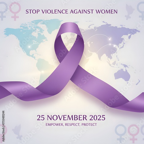  Purple Ribbon and World Map Background International Day for the Elimination of Violence Against Women 2025  Global Awareness 