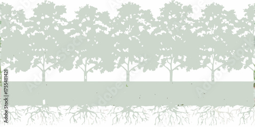 Stylized illustration of a row of trees with visible root systems below ground level