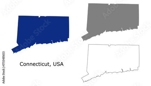 Connecticut map set. Connecticut USA map vector. Connecticut  map on navy, gray, and outline