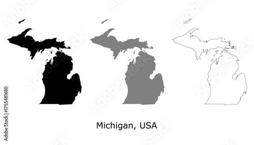 Michigan map set. Michigan USA map vector. Michigan map on silhouette, gray, and outline