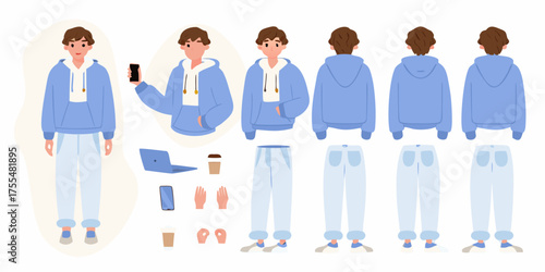 Character design sheet of a young man in a blue hoodie and light pants with accessories