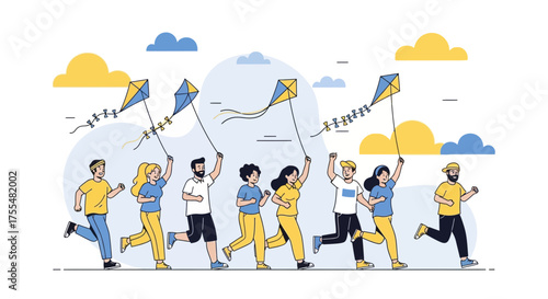 Joyful Friends Running Together While Flying Colorful Kites in a Sunny Day