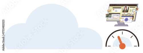 Large cloud shape, computer screen displaying digital tools, speedometer with needle. Ideal for technology, cloud computing, data management, performance metrics, innovation, optimization
