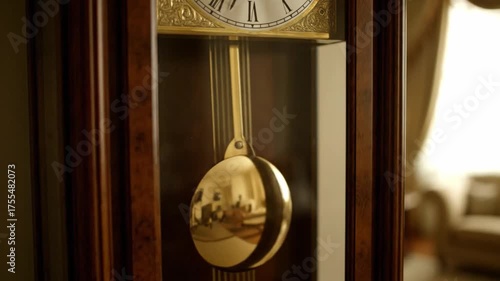 Wooden grandfather clock with pendulum gold details interior close up