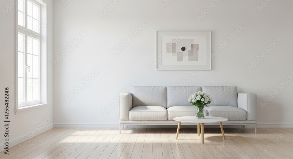 Fototapeta premium Living room interior with sofa, coffee table and flower bouquet