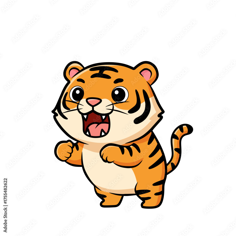 Fototapeta premium Cute cartoon tiger roaring with happy expression, perfect for children’s books, educational materials, stickers, and animal-themed design projects