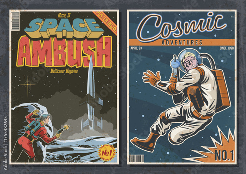 Retro Comic Book Covers Style Illustrations. Astronauts in Outer Space and on a Alien Planet. Space Rocket, Laser Guns and Stars. Sci-Fi Book Covers, Aged Paper Texture, Retro Colors