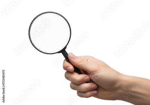 Hand holding magnifying glass black background lens isolated on a transparent background