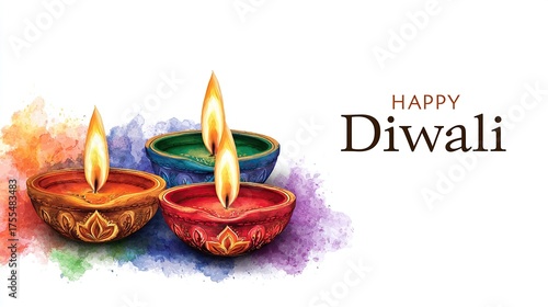 Happy Diwali the festival of lights with oil lamp, Diwali holiday white Background.