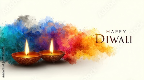 Happy Diwali the festival of lights with oil lamp, Diwali holiday white Background.