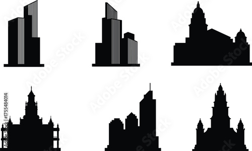 Black silhouette set of modern skyscrapers and classic historic buildings, urban skyline architecture vector illustration for design and construction projects