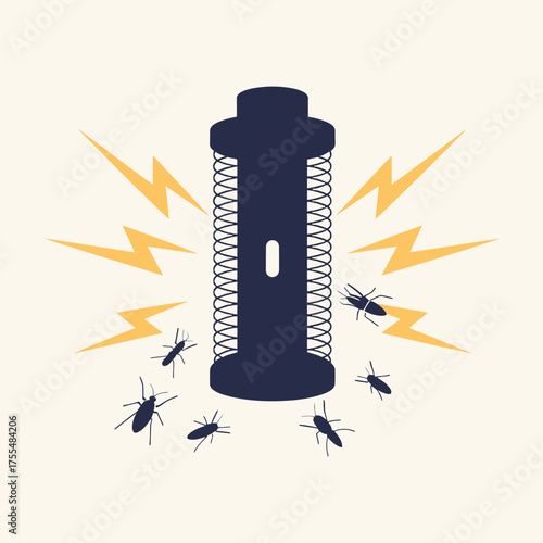 Silhouette of an electric insect killer attracting and zapping bugs with lightning