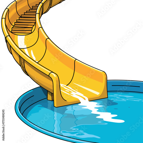 Yellow water slide splashing into a blue pool on a white background