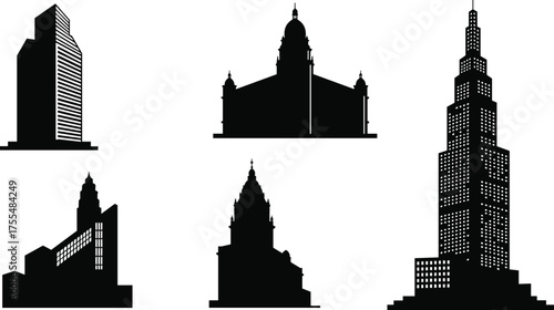 Collection of modern and classical architecture building silhouettes, urban skyline vector illustration for real estate, city design, and construction projects