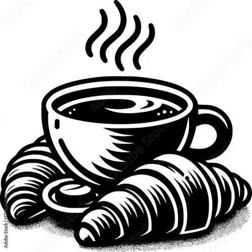 Morning Delight: A classic illustration showcasing a steaming cup of coffee alongside golden croissants, a perfect breakfast for a tranquil morning.