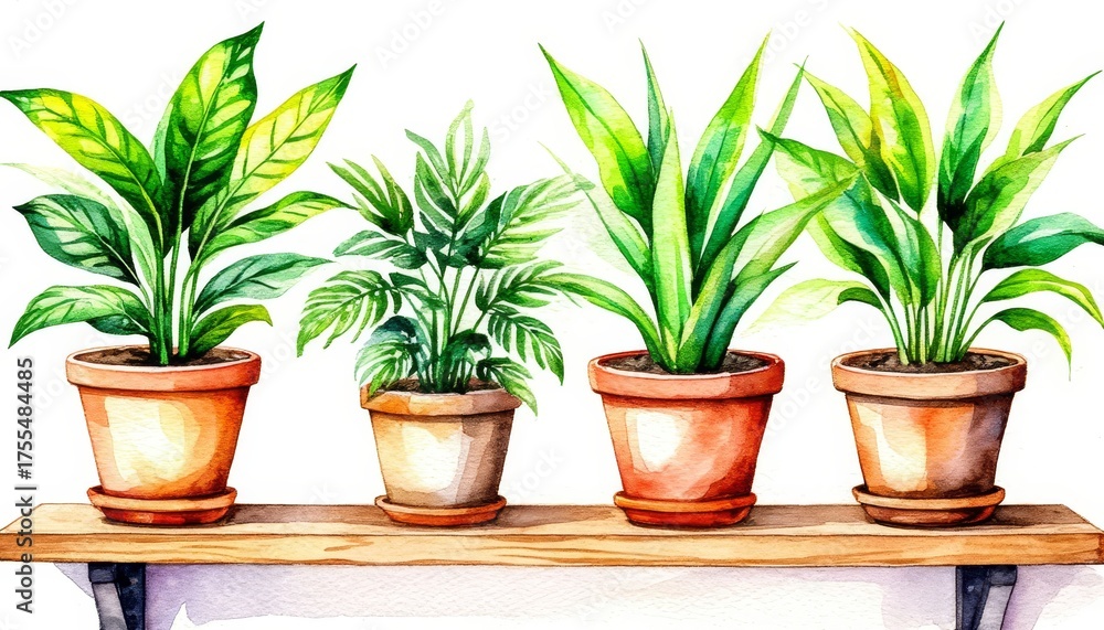 Fototapeta premium Watercolor illustration displaying various potted houseplants on a wooden shelf, creating a vibrant interior decoration and natural living space sticker concept home decor and wall art