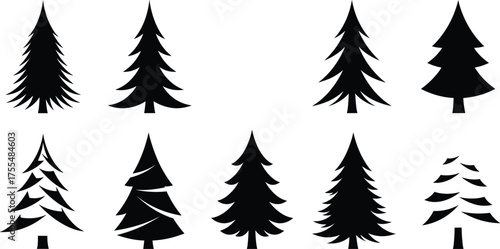 Pine tree silhouette vector collection of fir and spruce trees in black forest design for Christmas, winter, and nature illustration